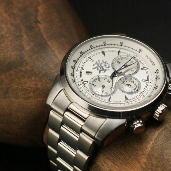 レザーブランドS'FACTORY クロノグラフ腕時計 ホワイト×シルバー メンズ アクセサリー リストウォッチ