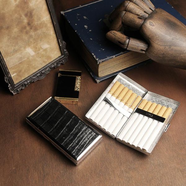レザーブランドS'FACTORY メタルシガレットケース 12本タイプ クロコダイル（ワニ革）革小物 タバコ入れ