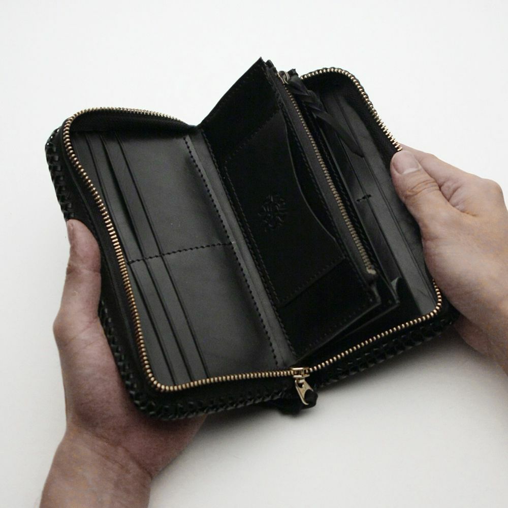 レザーブランドS'FACTORY 縁編みファスナーウォレット ブラックエレファント（ゾウ革）メンズ革財布