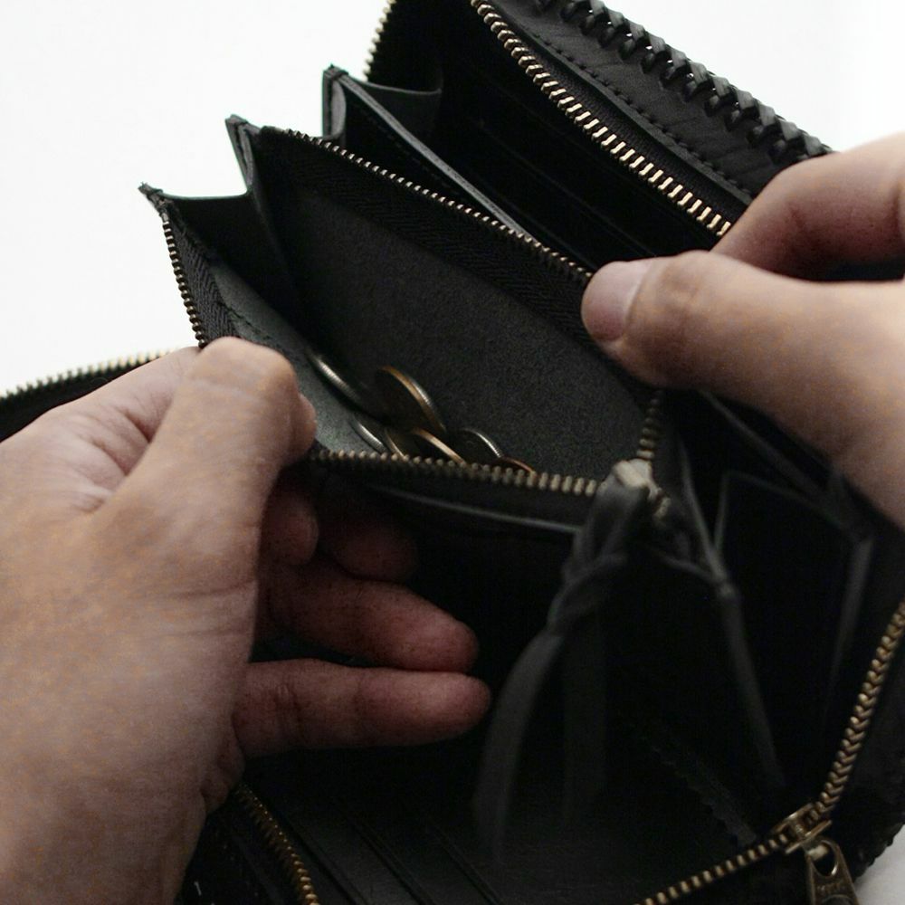 レザーブランドS'FACTORY 縁編みファスナーウォレット ブラックエレファント（ゾウ革）メンズ革財布