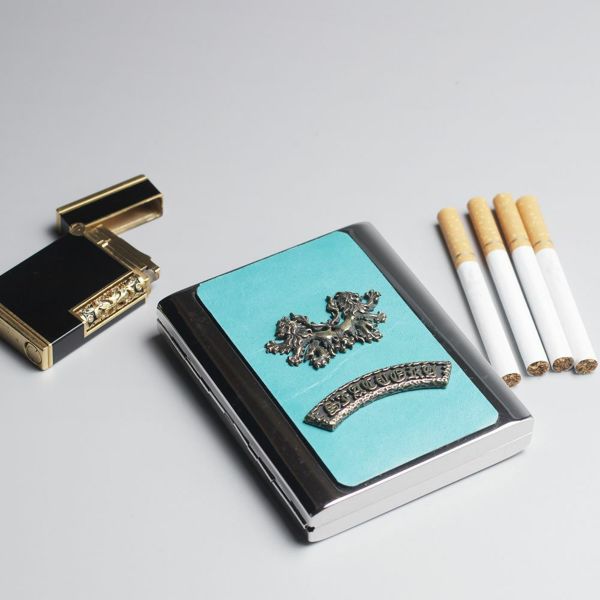 レザーブランドS'FACTORY メタルシガレットケース 20本タイプ ポニー ターコイズブルー（馬革）革小物 タバコ入れ