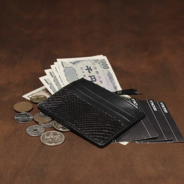 レザーブランドS'FACTORY カードマネークリップ ブラックパイソン（ヘビ革）革小物 パスケース