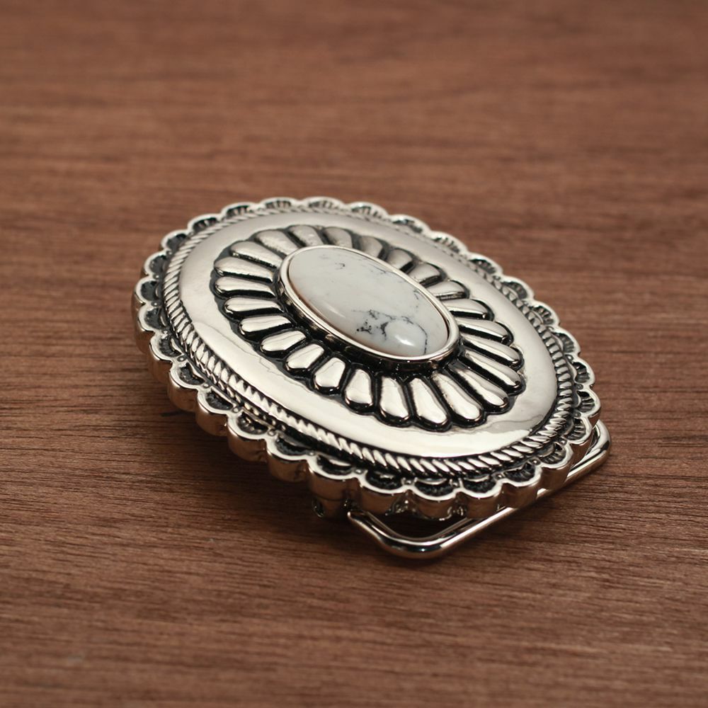 メンズ レザーブランドSALE サーマル菊型 バックル ターコイズホワイト 亜鉛合金