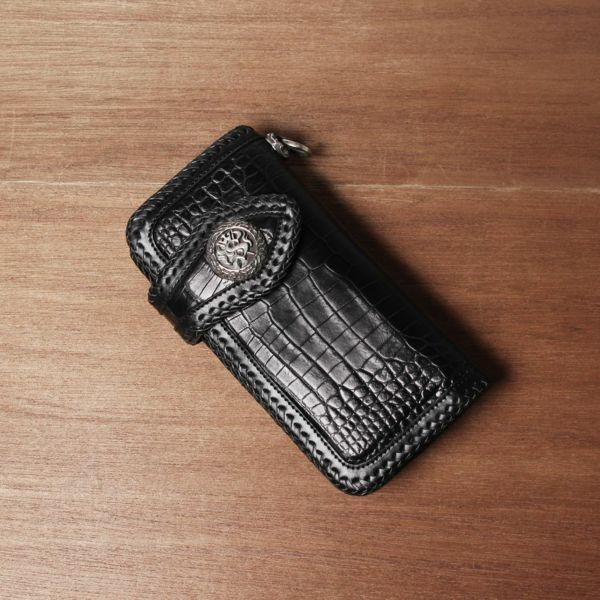 バイカーズ,ウォレット,クロコダイルレザー,ワニ革,財布,縁編み,コンチョ,ライダース