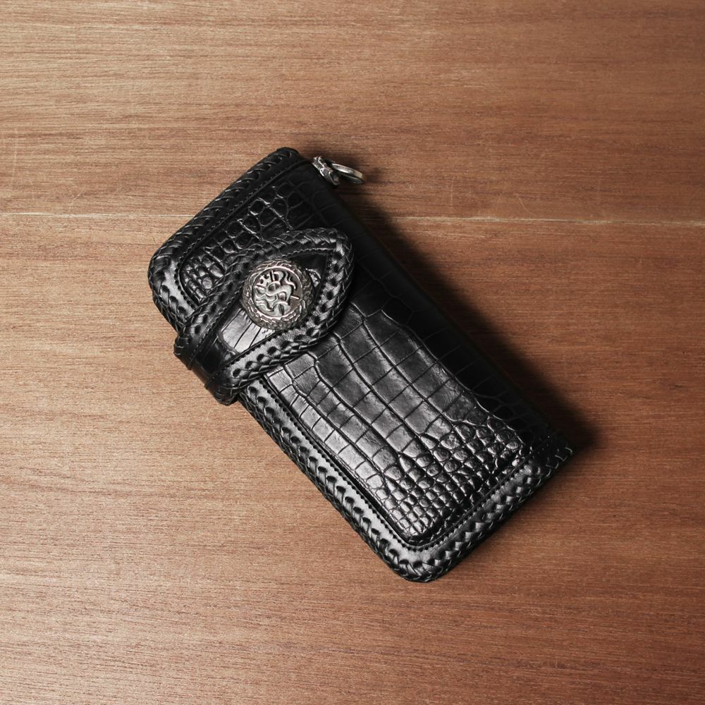 バイカーズ,ウォレット,クロコダイルレザー,ワニ革,財布,縁編み,コンチョ,ライダース
