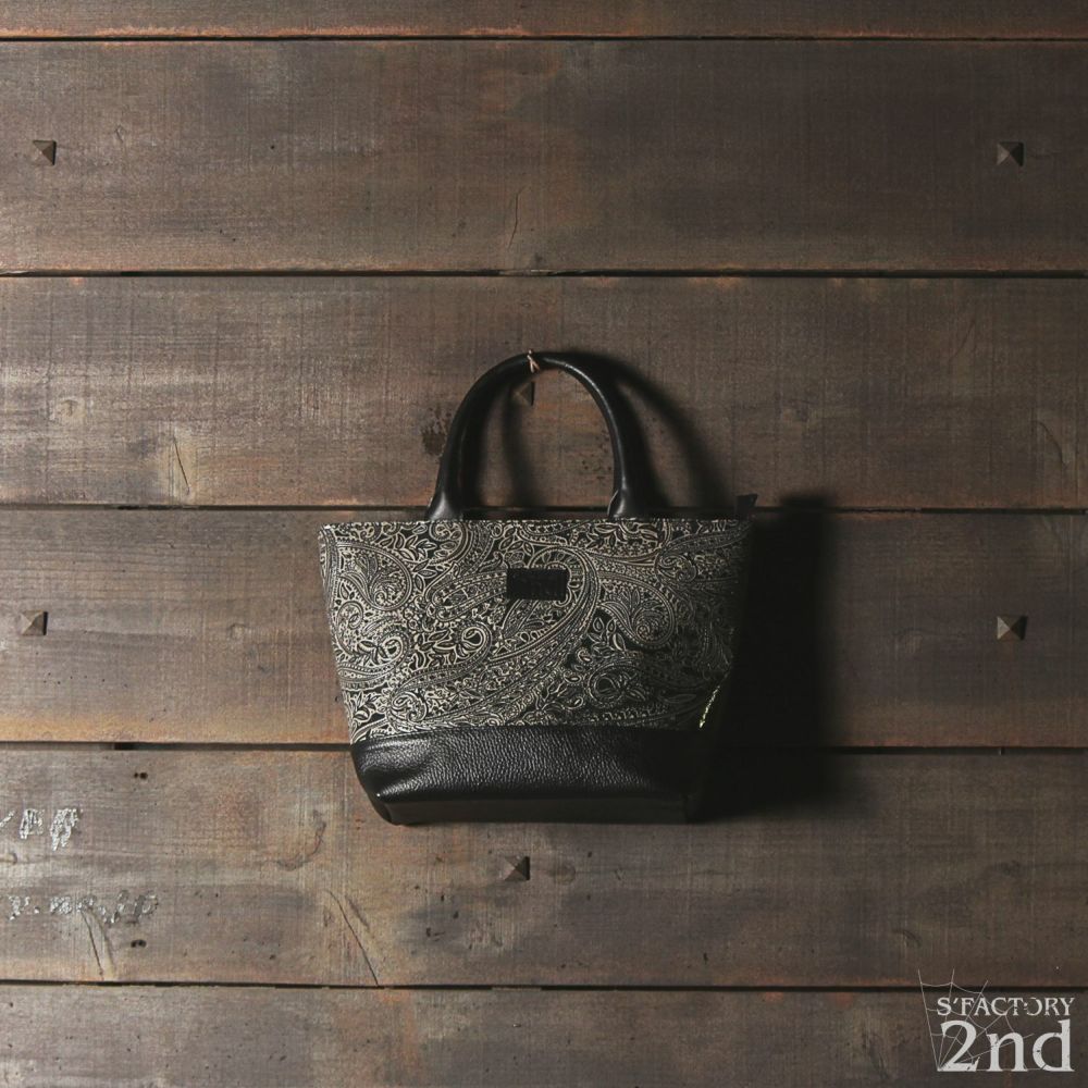 丸手ミニトートバッグ ブラックベージュ ペイズリー柄 カウレザー（牛革）