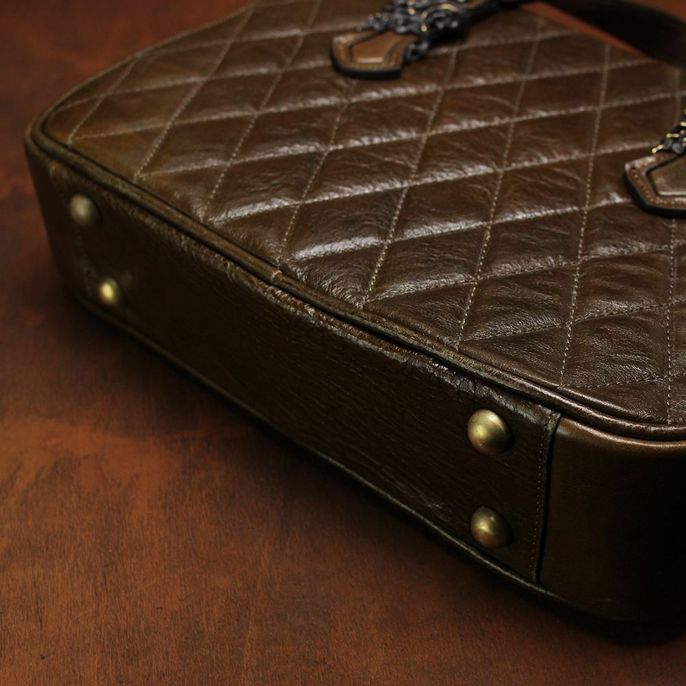 キルティングブリーフケース 小 オリーブ イタリアンレザー（牛革）
